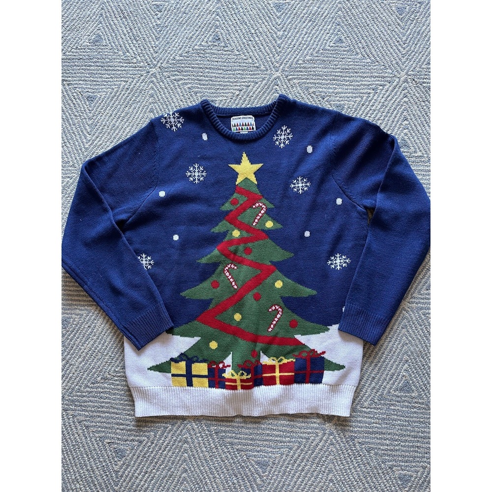 Seasons Greetings Ugly Christmas Tree Sweater -‎ Blue/Multicolor - XL